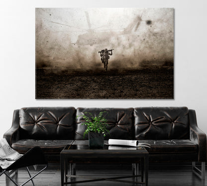 Helicopter Behind American Soldier Canvas Print ArtLexy 1 Panel 24"x16" inches 