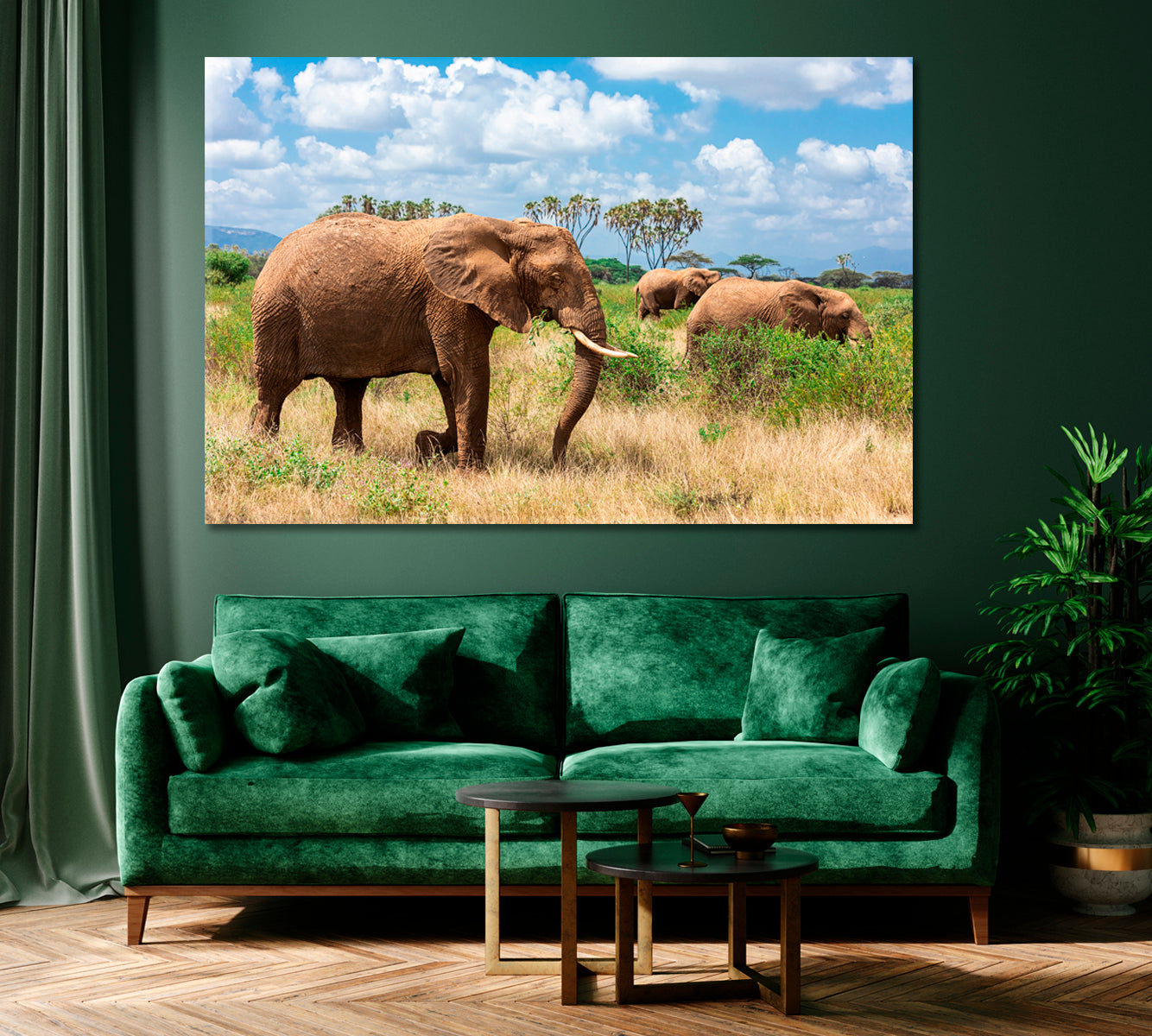 Elephants in Kenya Savanna Canvas Print ArtLexy 1 Panel 24"x16" inches 