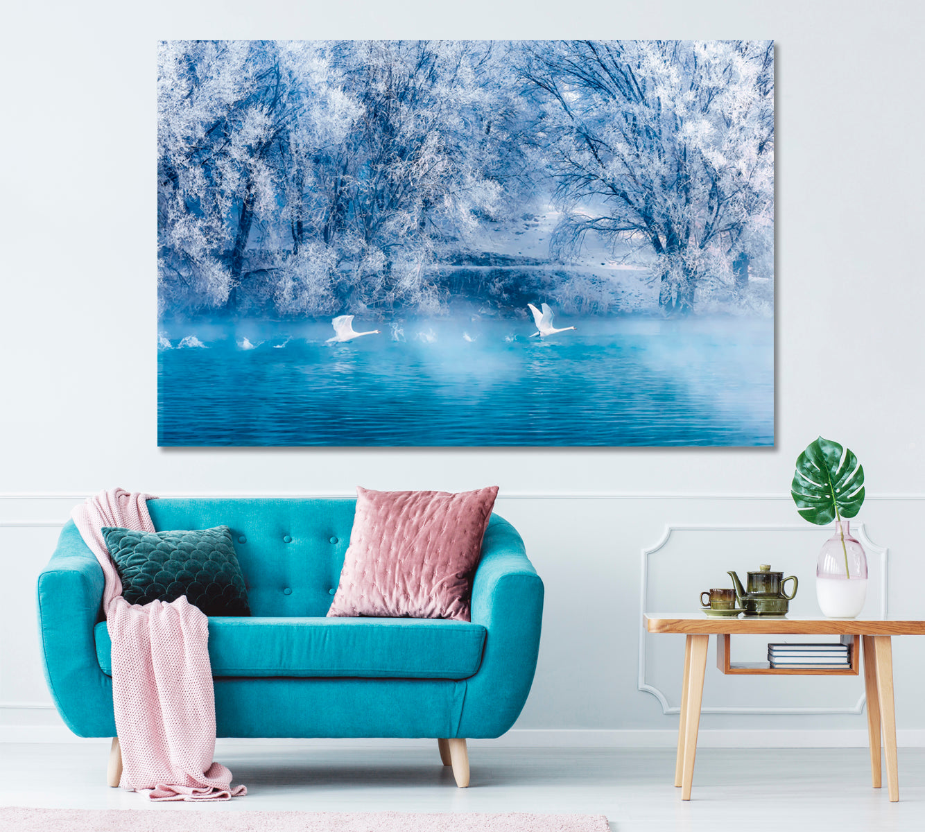 Beautiful Winter Landscape with Swans on Lake Canvas Print ArtLexy 1 Panel 24"x16" inches 