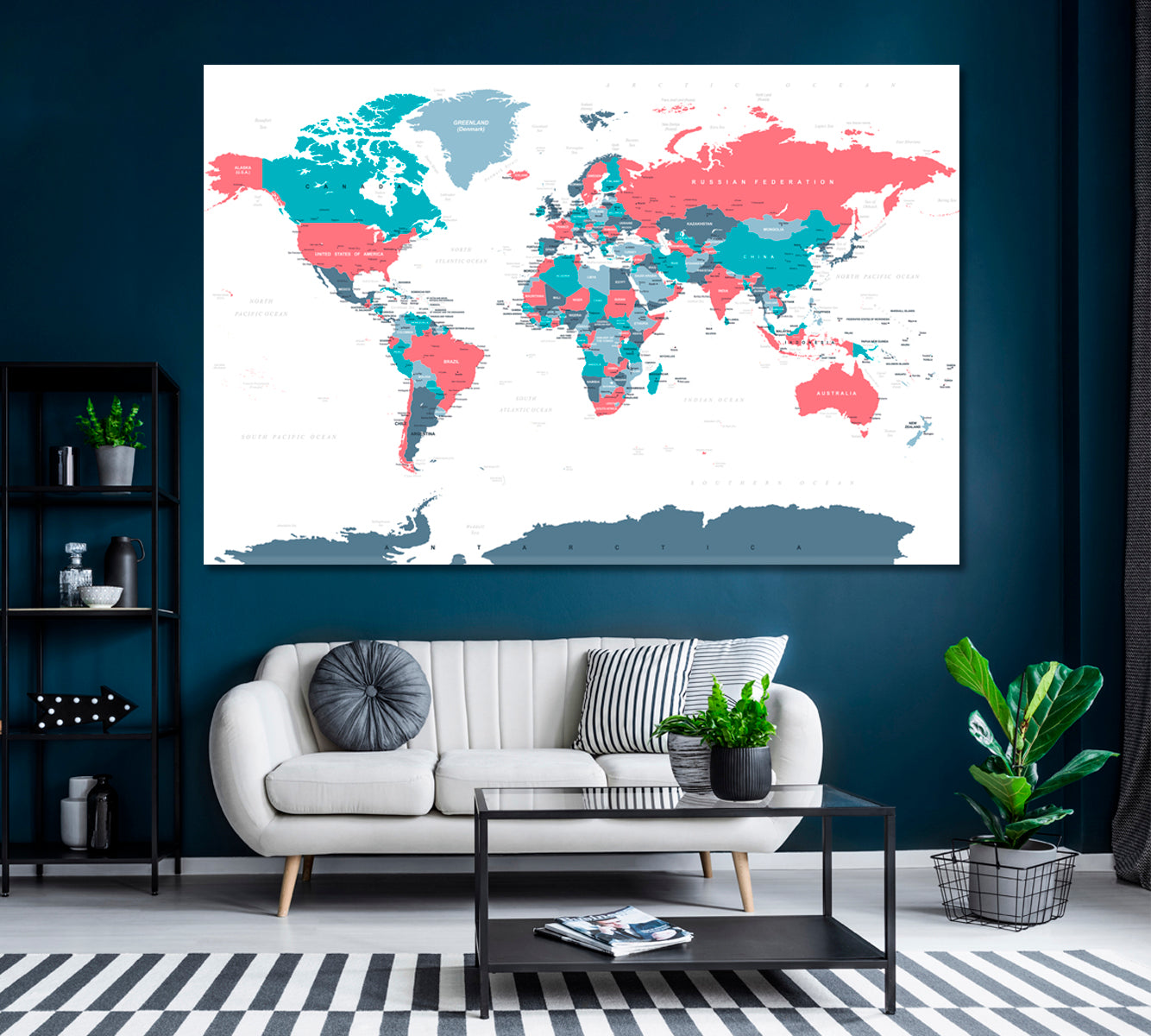 Political Physical World Map Canvas Print ArtLexy 1 Panel 24"x16" inches 