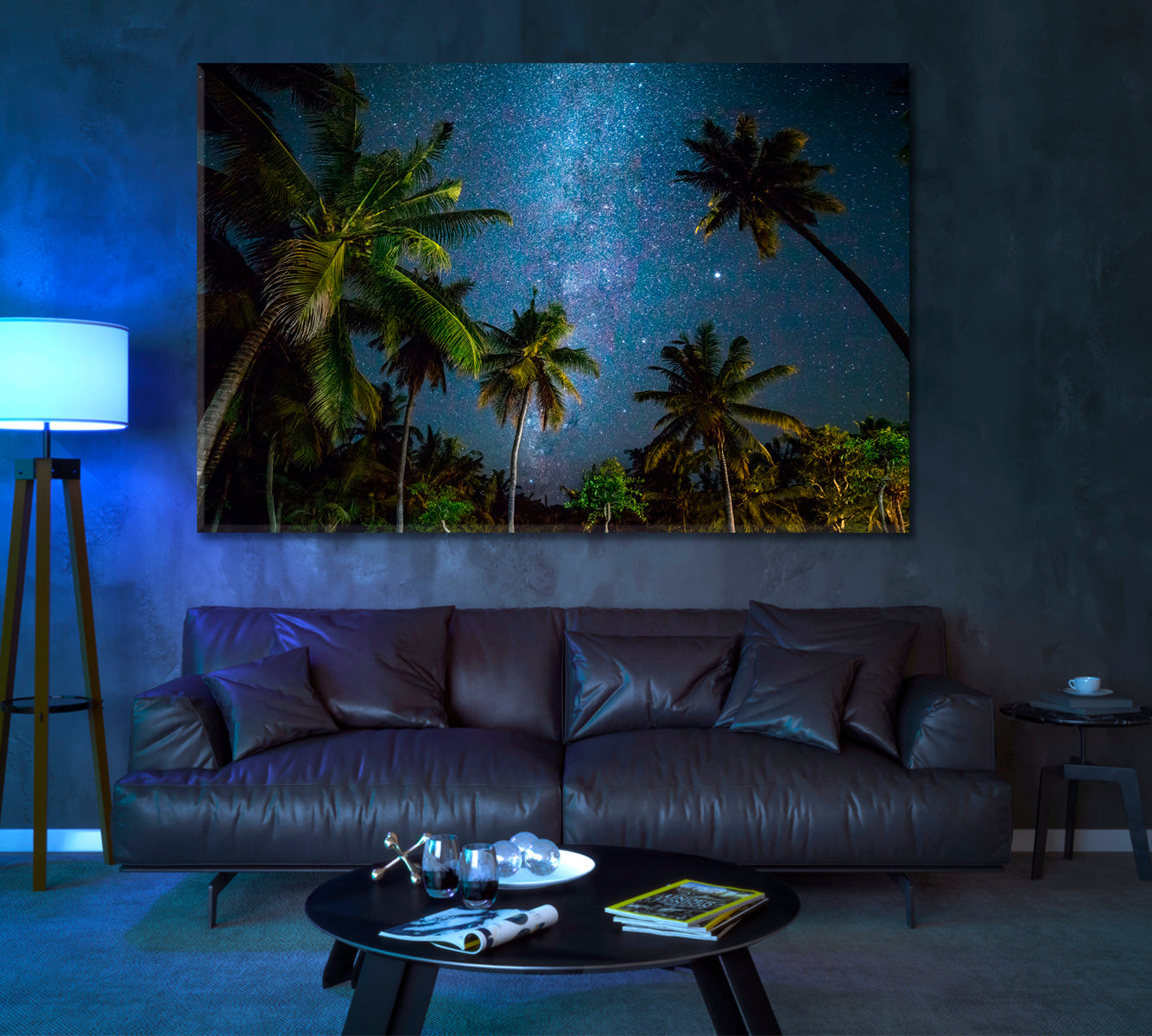 Milky Way over Sandy Beach with Palm Trees Canvas Print ArtLexy 1 Panel 24"x16" inches 