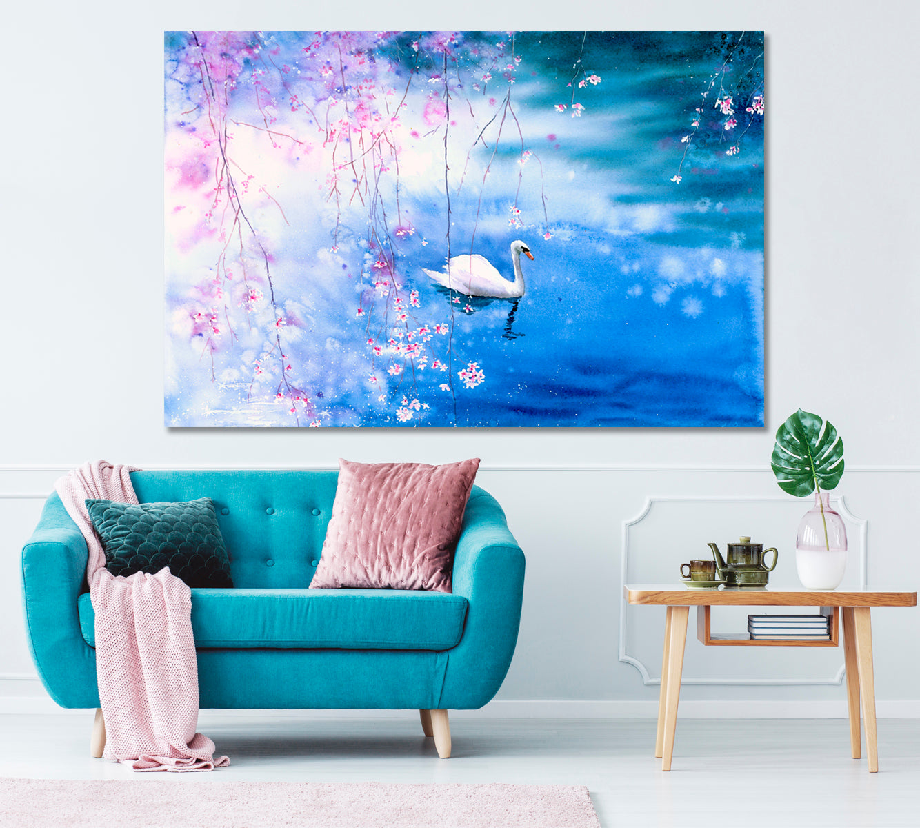 Swan on Lake with Blossom Cherry Canvas Print ArtLexy 1 Panel 24"x16" inches 