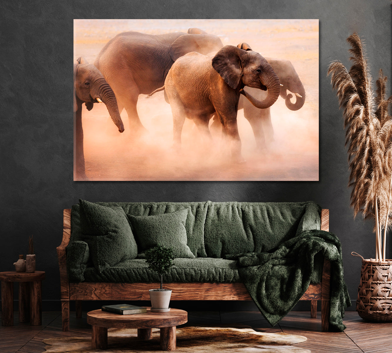 Herd of Elephants in Desert Canvas Print ArtLexy 1 Panel 24"x16" inches 