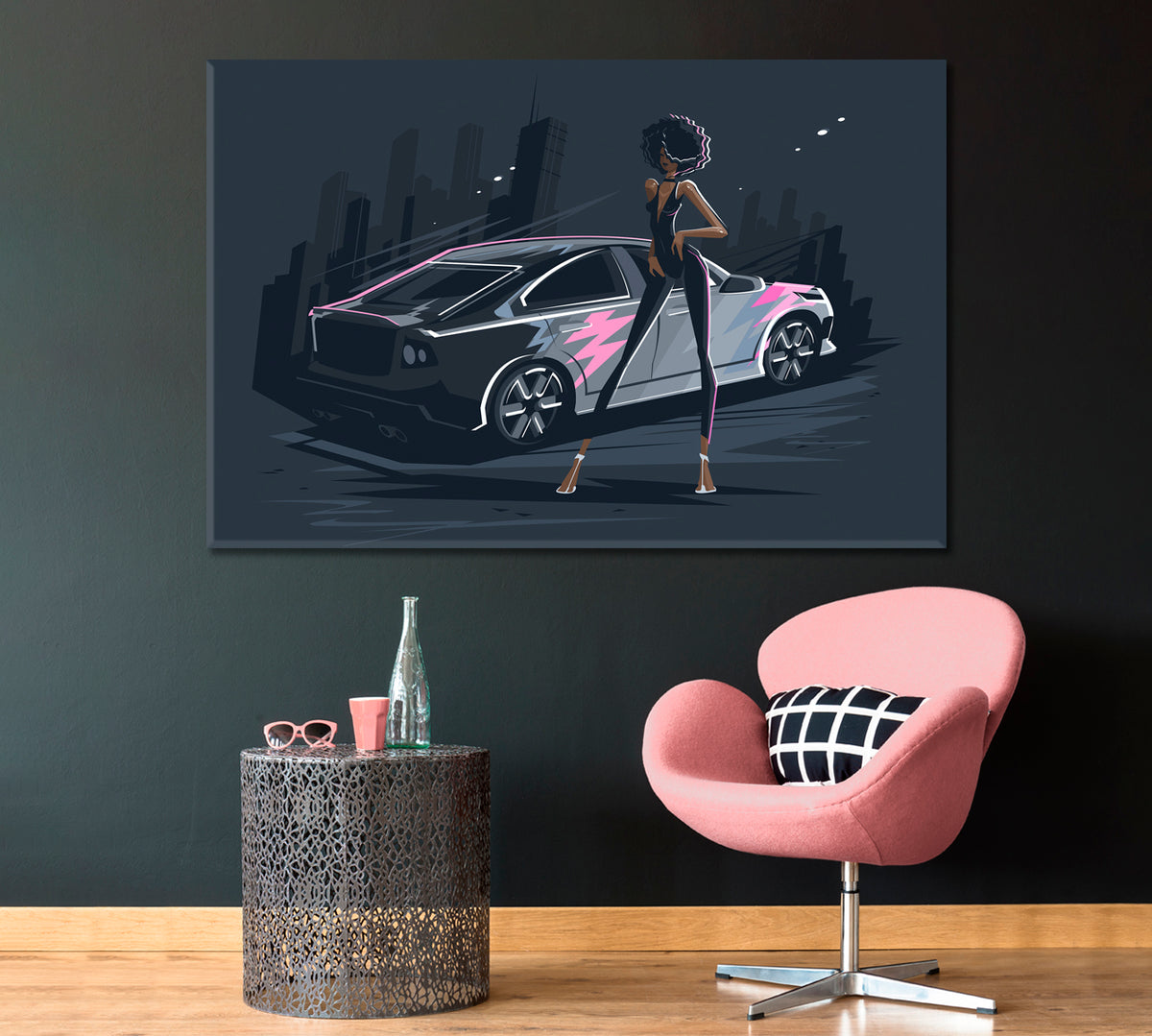 Fashion Girl with Sports Car Canvas Print ArtLexy 1 Panel 24"x16" inches 