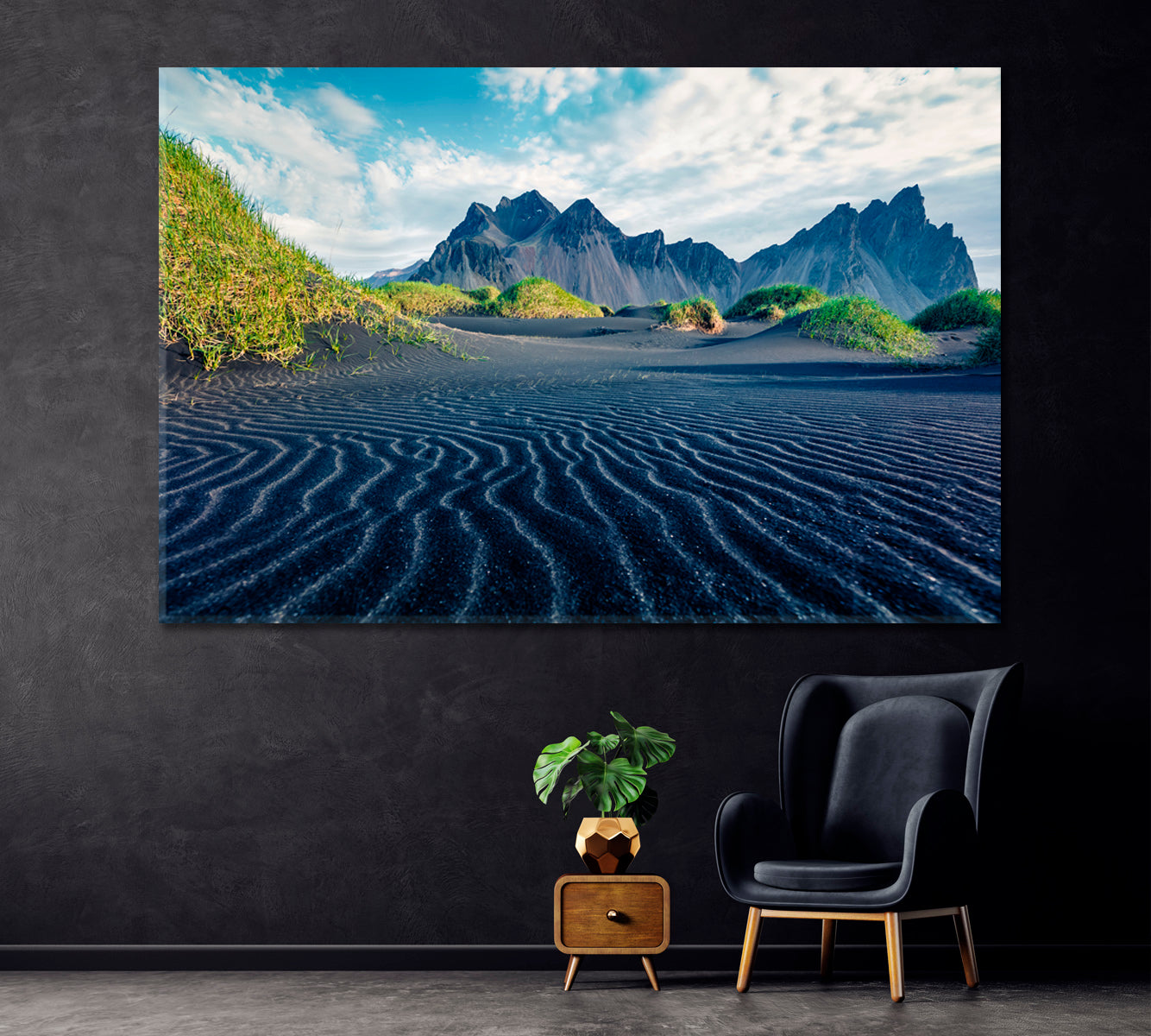 Vestrahorn and Black Sand Dunes Iceland Canvas Print ArtLexy 1 Panel 24"x16" inches 