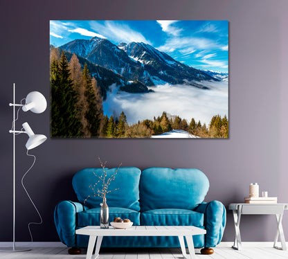 Snow Covered Alps with Trees Canvas Print ArtLexy 1 Panel 24"x16" inches 