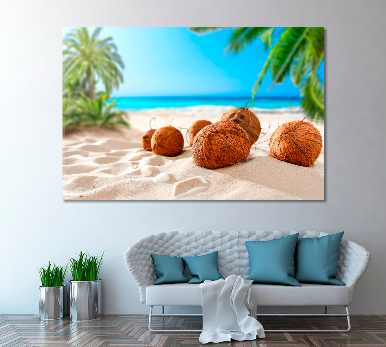 Coconuts on Beach Canvas Print ArtLexy 1 Panel 24"x16" inches 