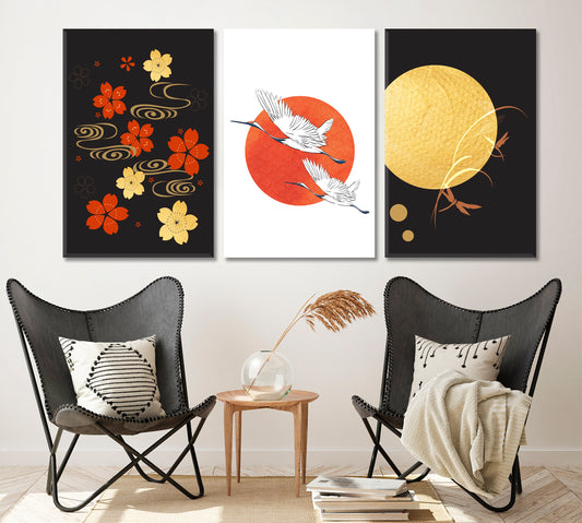 Set of 3 Traditional Japanese Pattern with Cranes Canvas Print ArtLexy 3 Panels 48”x24” inches 