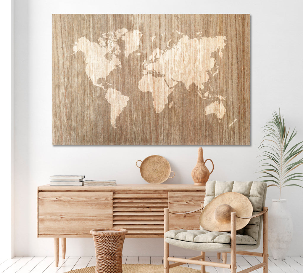 Abstract Wooden World Map Canvas Print ArtLexy 1 Panel 24"x16" inches 