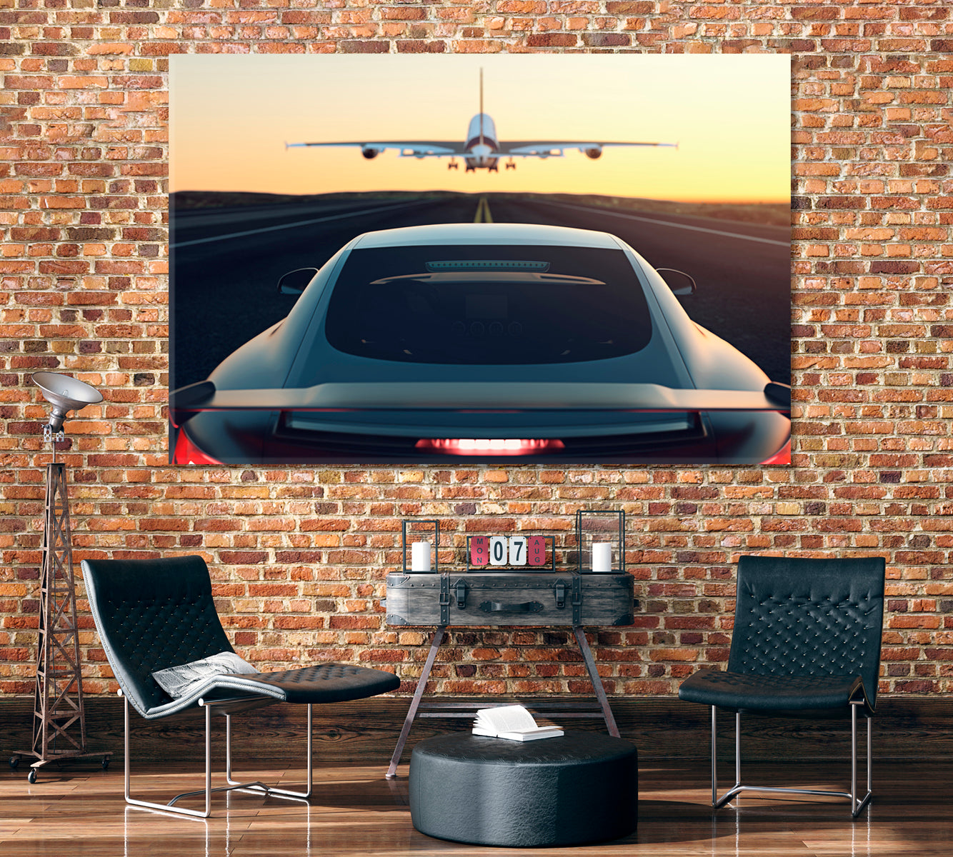 Sports Car and Airplane on Same Road Canvas Print ArtLexy 1 Panel 24"x16" inches 