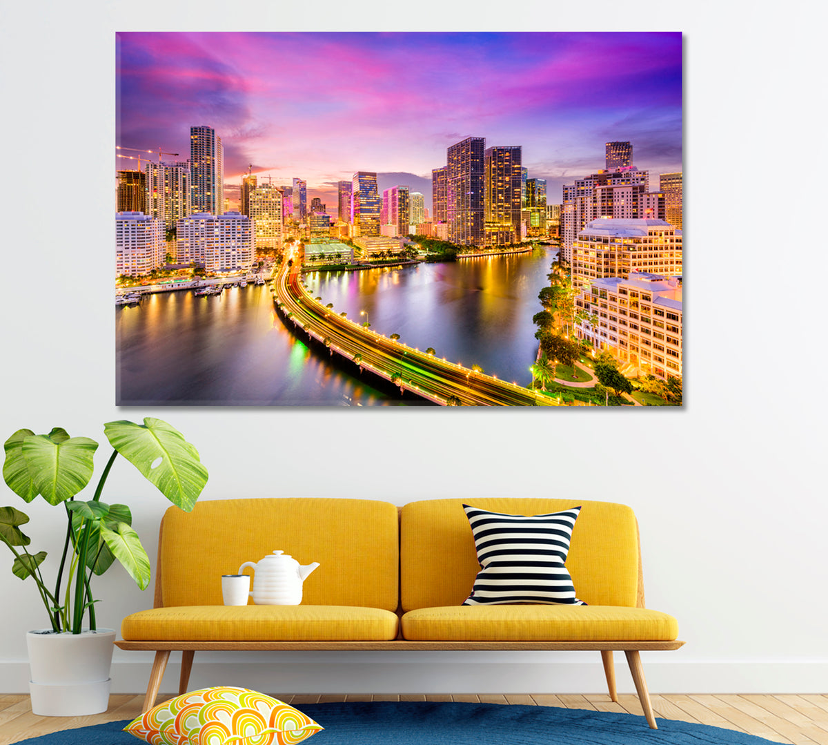 Miami Skyline on Biscayne Bay Canvas Print ArtLexy 1 Panel 24"x16" inches 