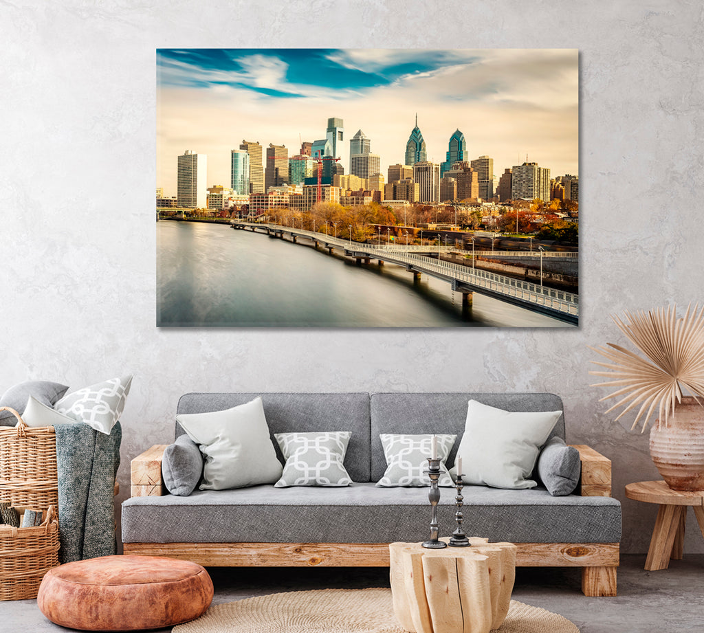 Philadelphia Skyline and Schuylkill River Canvas Print ArtLexy 1 Panel 24"x16" inches 