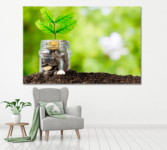 Plant Growing In Savings Coins Canvas Print ArtLexy 1 Panel 24"x16" inches 