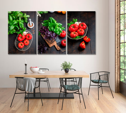 Set of 3 Bunches of Basil and Juicy Tomatoes Canvas Print ArtLexy 3 Panels 48”x24” inches 