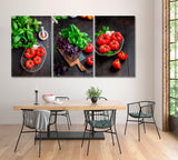 Set of 3 Bunches of Basil and Juicy Tomatoes Canvas Print ArtLexy 3 Panels 48”x24” inches 