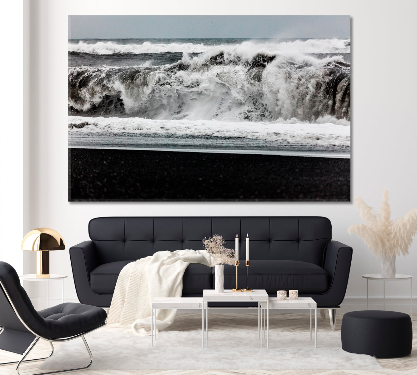 Waves on Black Sand Beach Iceland Canvas Print ArtLexy 1 Panel 24"x16" inches 