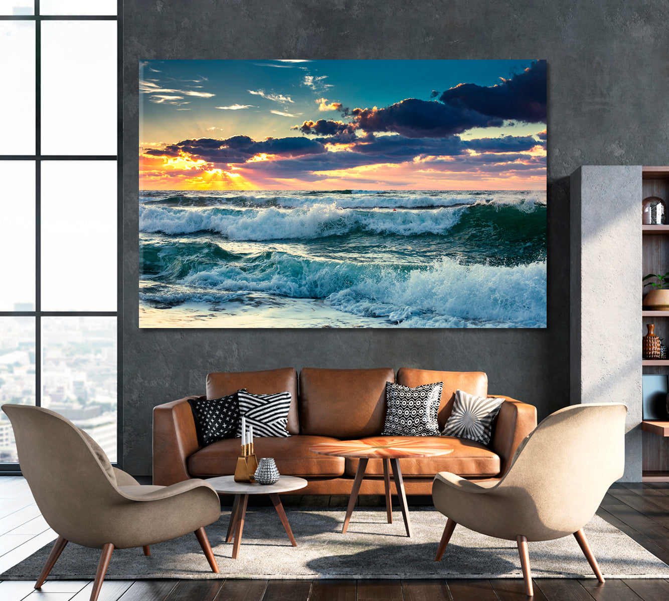 Ocean Waves Landscape with Dramatic Clouds Canvas Print ArtLexy 1 Panel 24"x16" inches 