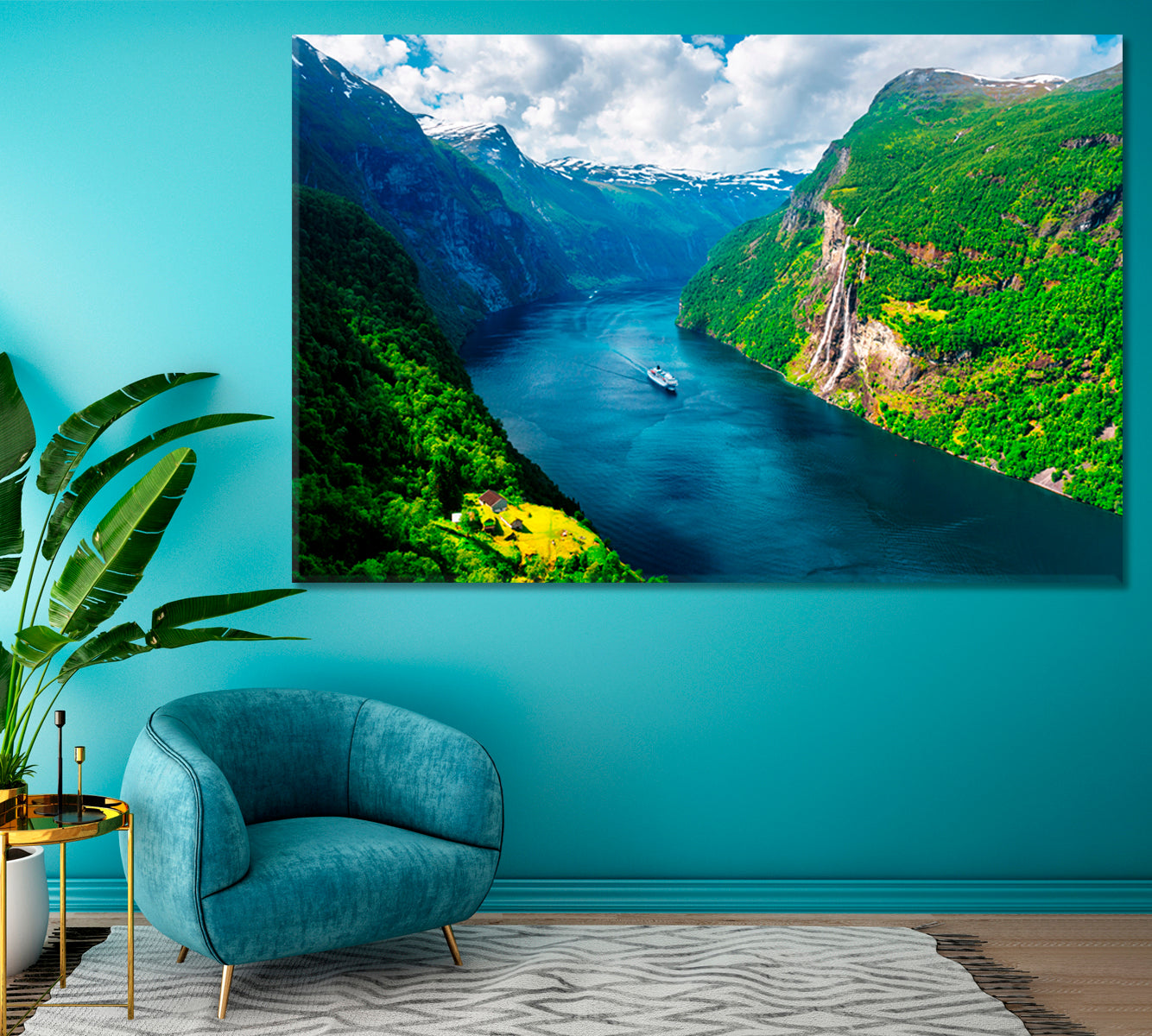 Sunnylvsfjorden Fjord and Seven Sisters Waterfalls Norway Canvas Print ArtLexy 1 Panel 24"x16" inches 