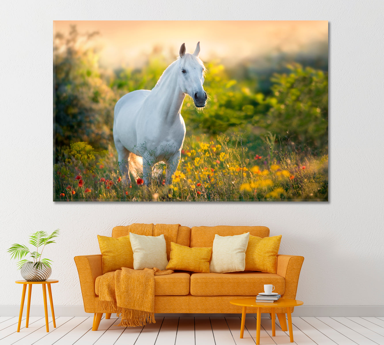 White Horse in Poppy Flowers Canvas Print ArtLexy 1 Panel 24"x16" inches 