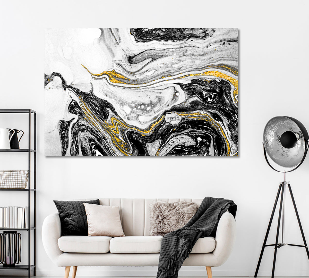 Luxury Black and White Paper Marbling Canvas Print ArtLexy 1 Panel 24"x16" inches 