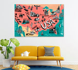 Illustrated Map of USA Canvas Print ArtLexy 1 Panel 24"x16" inches 