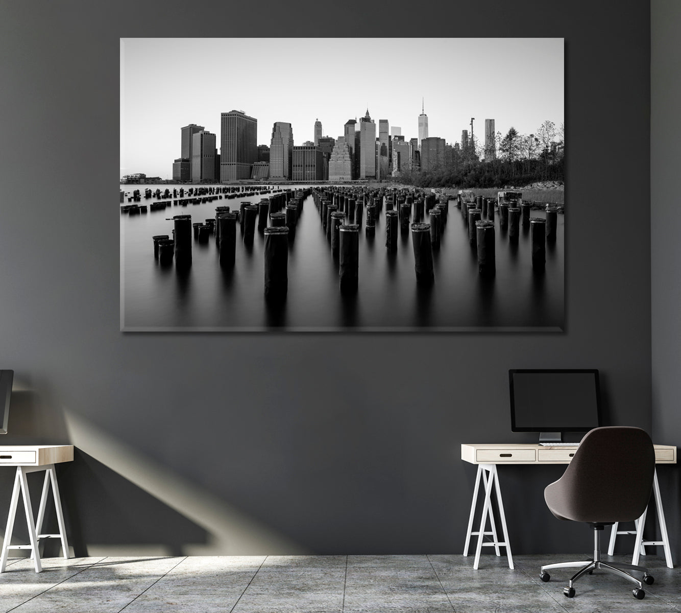 Manhattan Financial District with Abandoned Pier over East River Canvas Print ArtLexy 1 Panel 24"x16" inches 