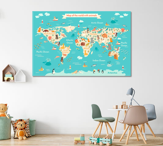 Animals World Map Canvas Print ArtLexy 1 Panel 24"x16" inches 