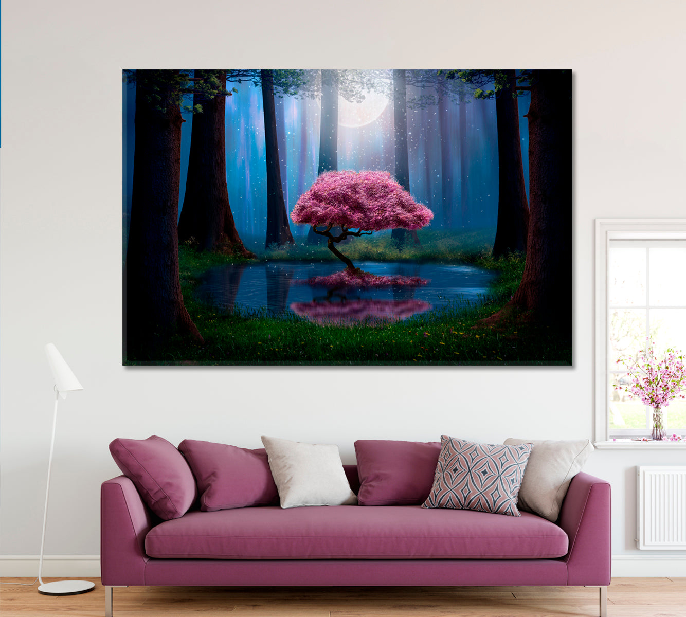 Pink Tree in Forest Canvas Print ArtLexy 1 Panel 24"x16" inches 