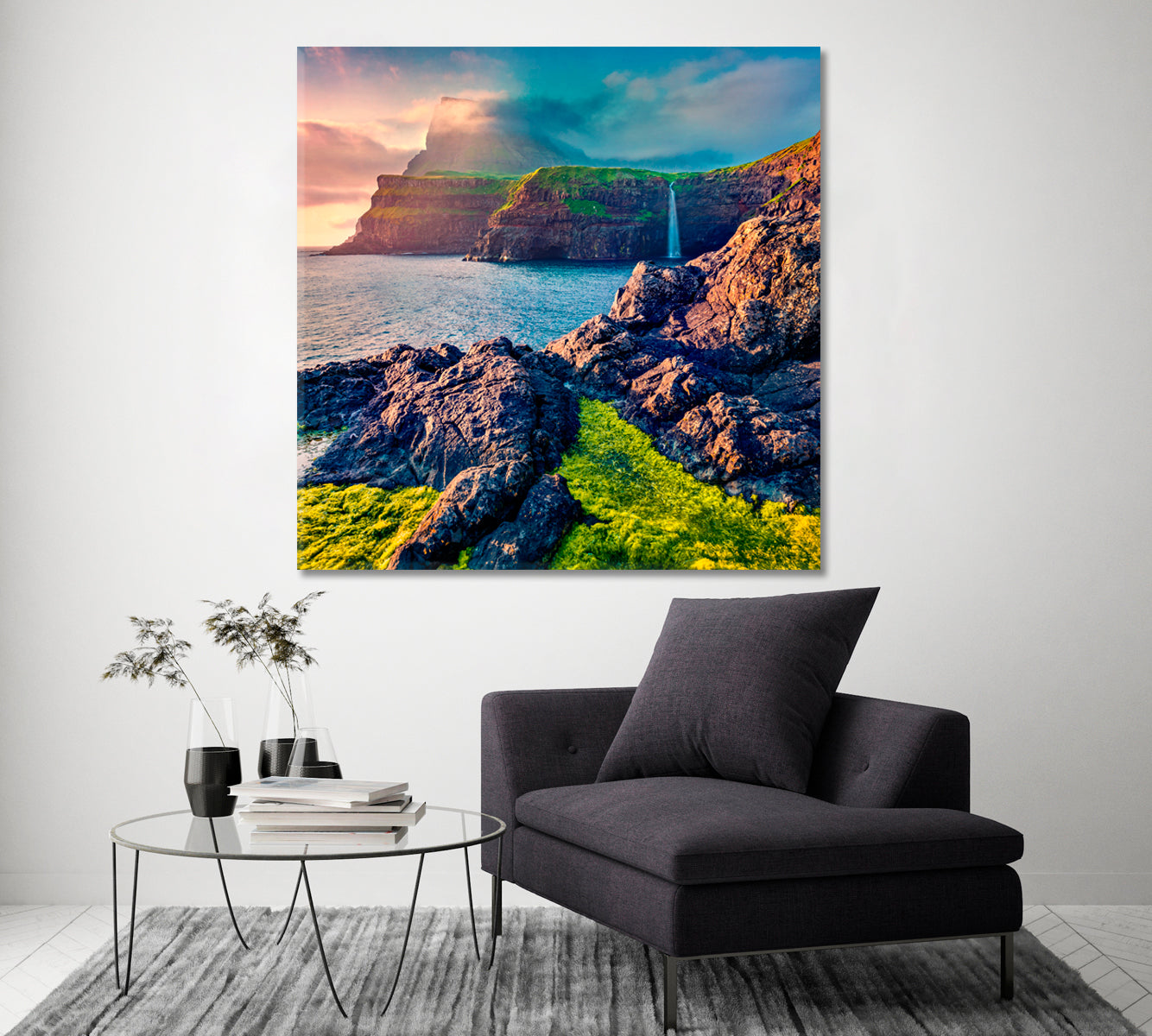 Mulafossur Waterfall Faroe Islands Canvas Print ArtLexy 1 Panel 12"x12" inches 