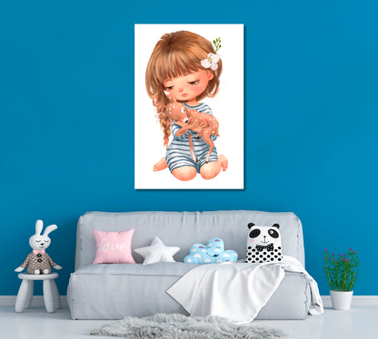 Cute Girl with Baby Deer Canvas Print ArtLexy   