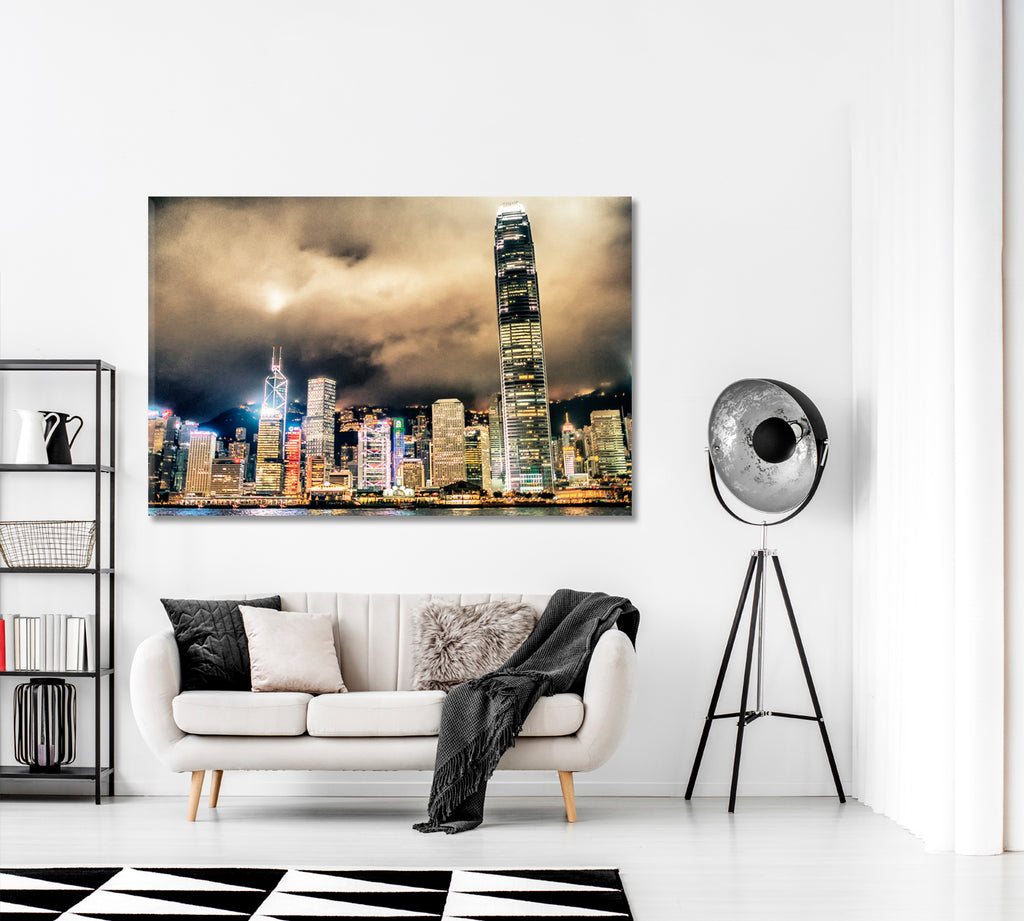 Hong Kong Cityscape at Night Canvas Print ArtLexy 1 Panel 24"x16" inches 