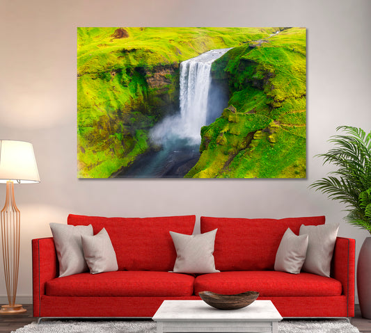 Iceland Landscape with Skogafoss Waterfall Canvas Print ArtLexy 1 Panel 24"x16" inches 