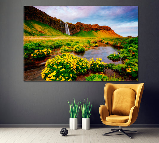 Blooming Green Field and Seljalandsfoss Waterfall Iceland Canvas Print ArtLexy 1 Panel 24"x16" inches 
