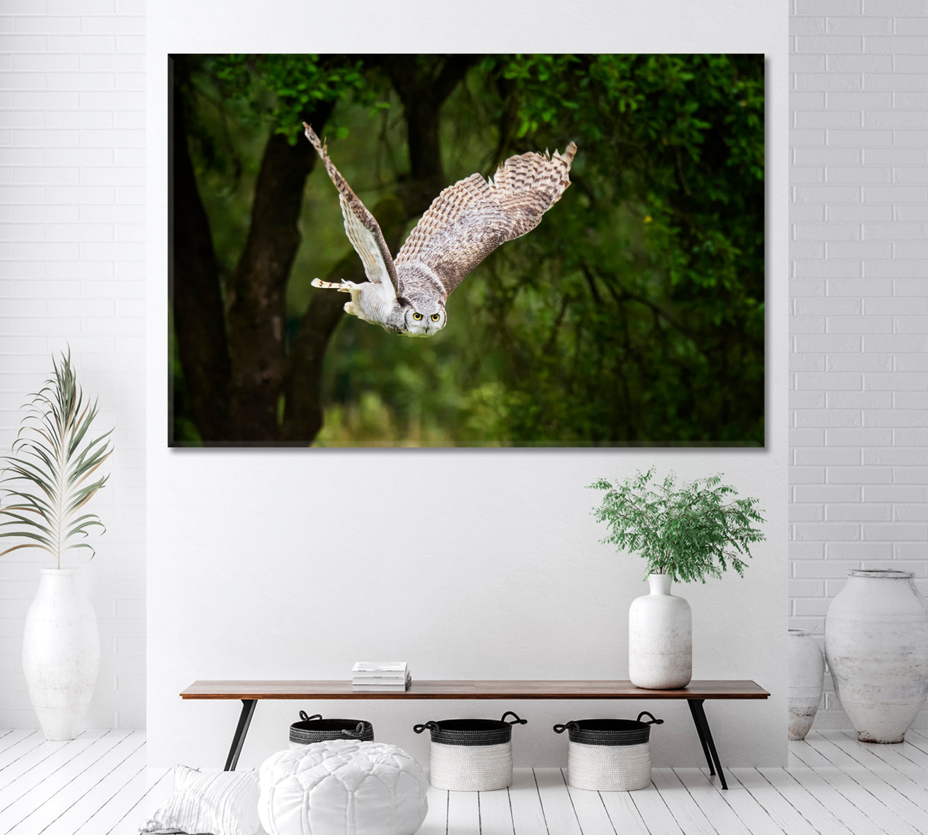 Great Horned Owl flying in Forest Canvas Print ArtLexy 1 Panel 24"x16" inches 