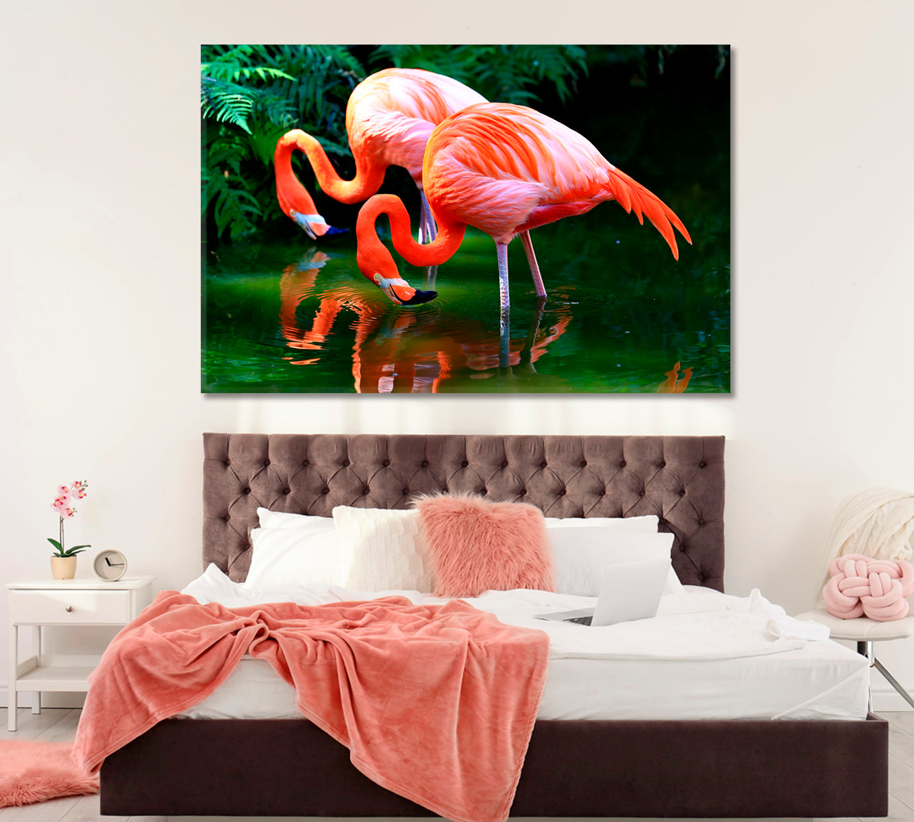Pink American Flamingos on Pond Canvas Print ArtLexy   