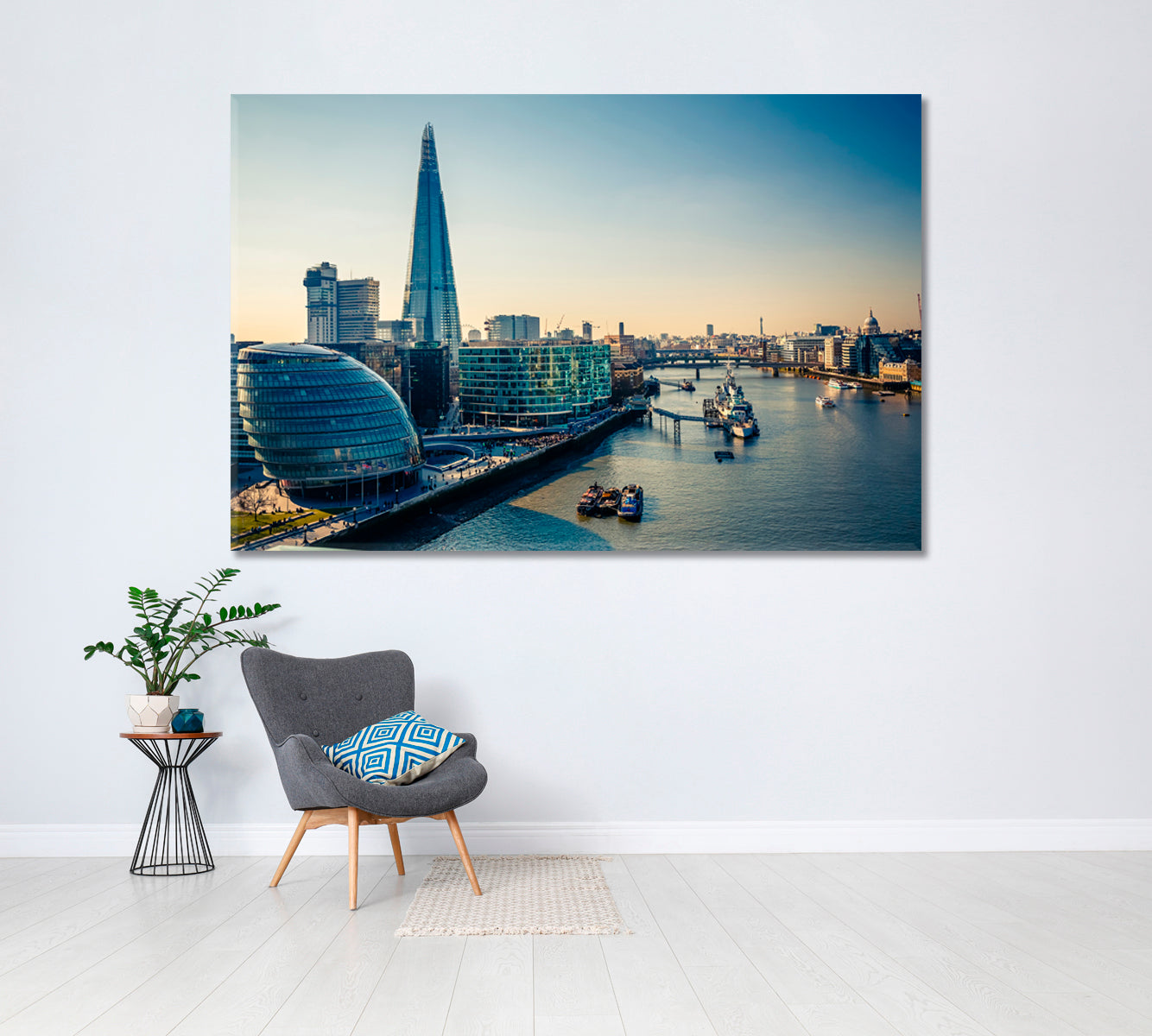 London City Skyline with River Thames Canvas Print ArtLexy 1 Panel 24"x16" inches 