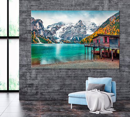 Braies Lake Colorful Autumn Landscape Canvas Print ArtLexy 1 Panel 24"x16" inches 