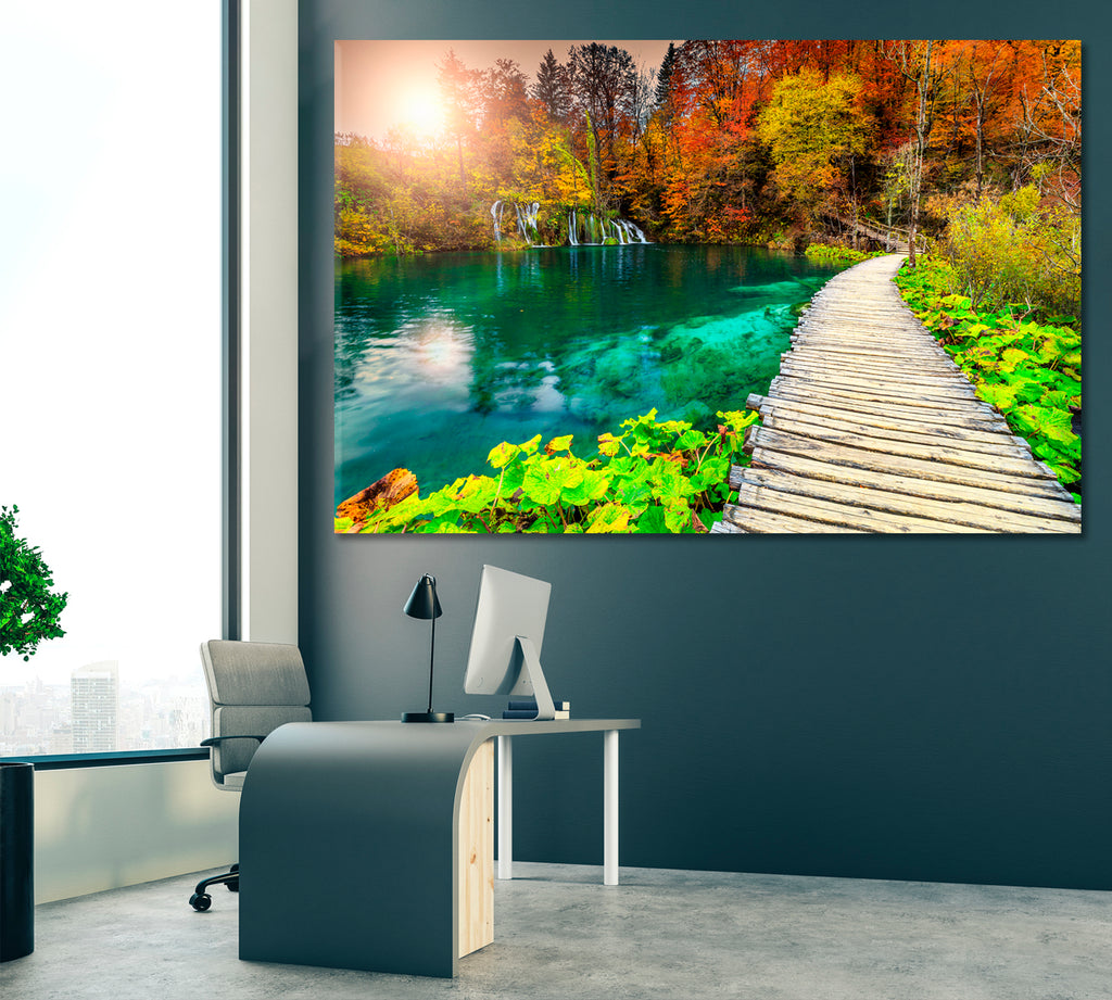 Wooden Pathway in Deep Forest Plitvice National Park Croatia Canvas Print ArtLexy 1 Panel 24"x16" inches 