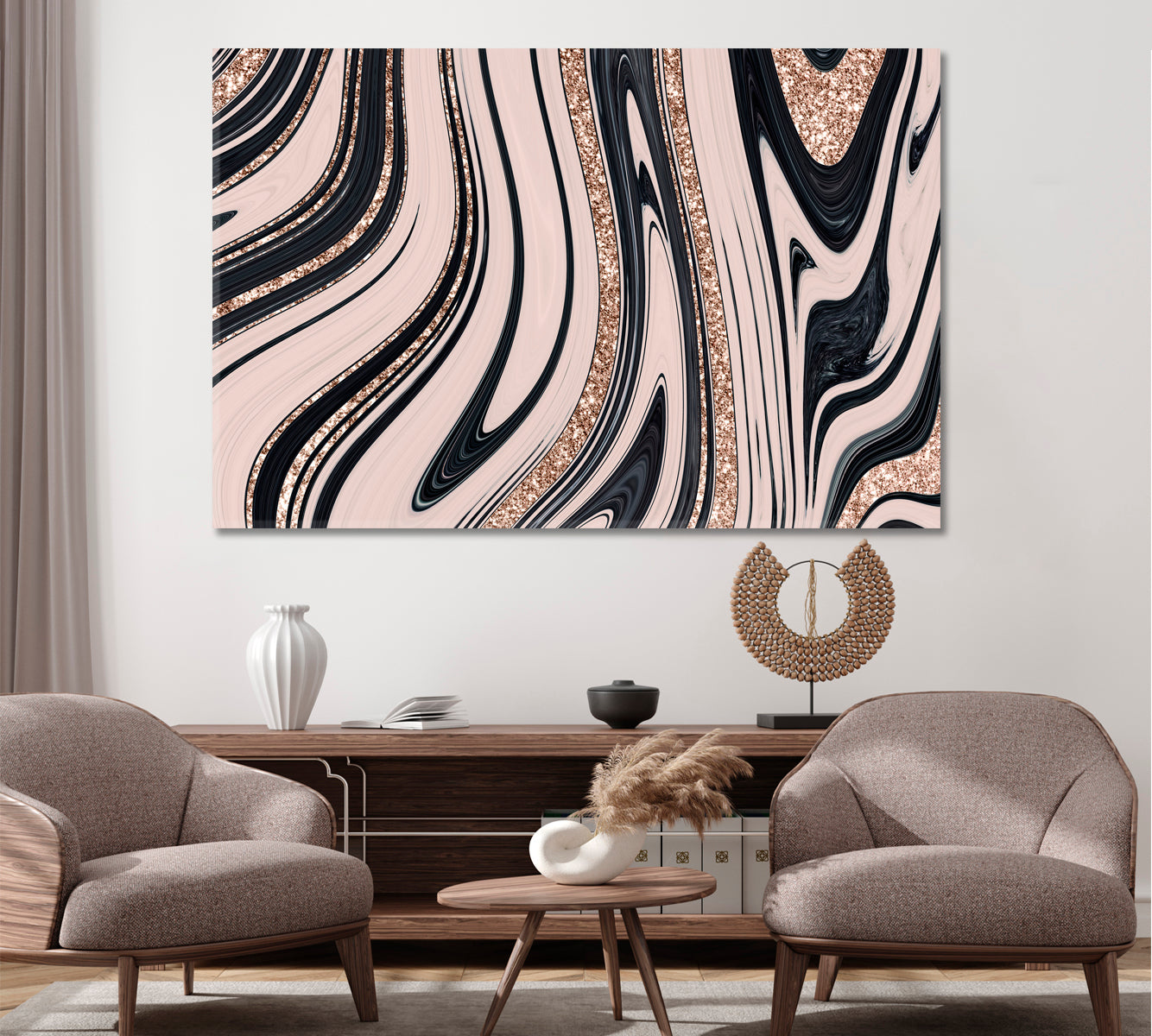 Trendy Abstract Beige Marble with Gold Veins Canvas Print ArtLexy 1 Panel 24"x16" inches 