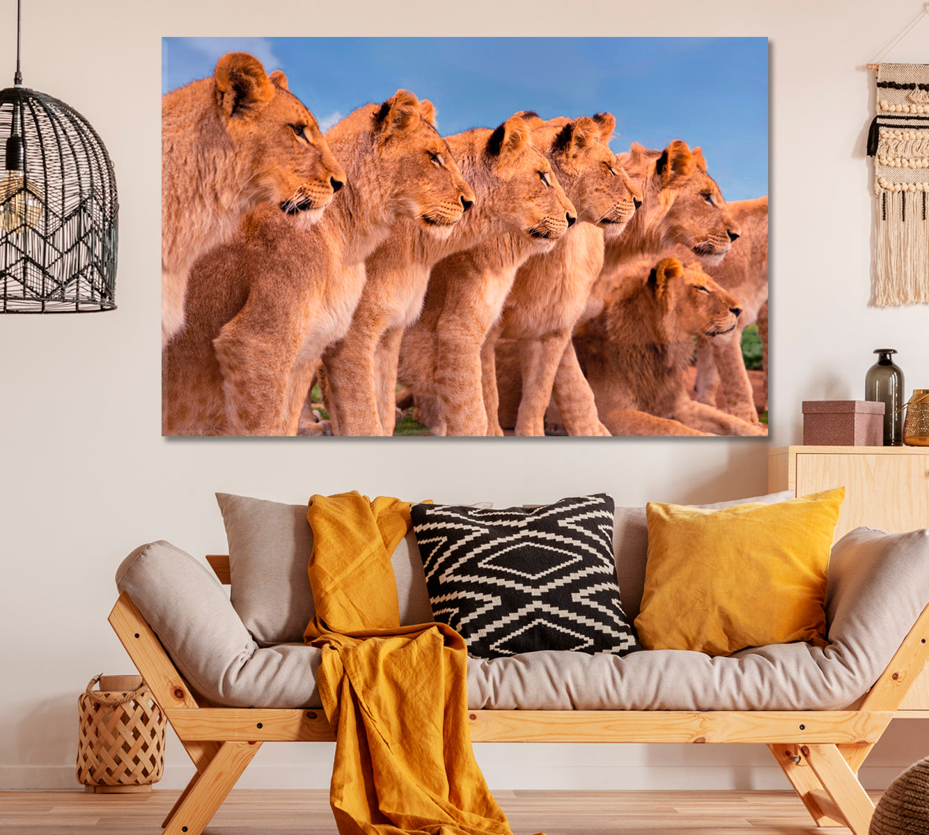 Group of Wild Lions on African Safari Canvas Print ArtLexy 1 Panel 24"x16" inches 