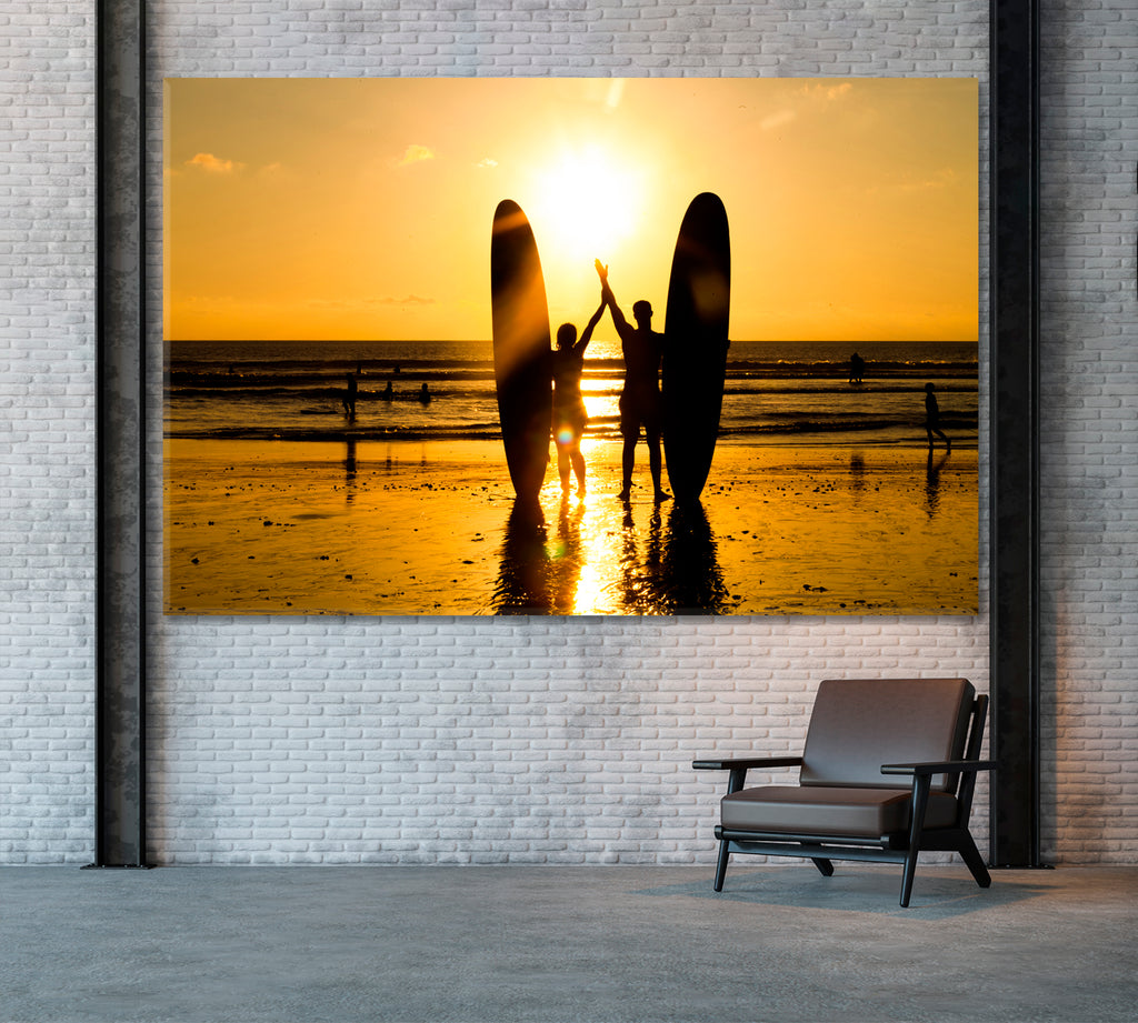Surfers Couple Silhouette at Sunset Canvas Print ArtLexy 1 Panel 24"x16" inches 