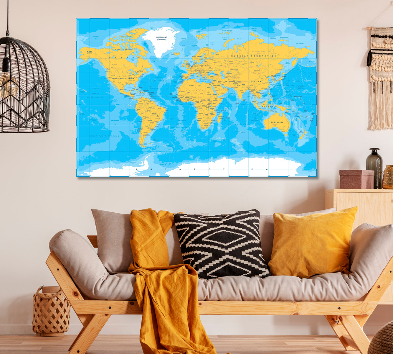 Political Physical Topographic World Map Canvas Print ArtLexy 1 Panel 24"x16" inches 