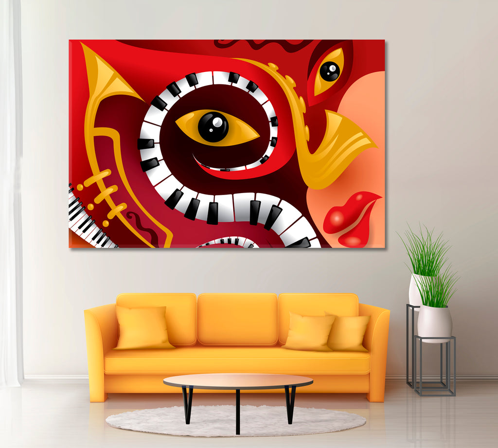 Abstract Jazz Music Instrument with Face Canvas Print ArtLexy 1 Panel 24"x16" inches 