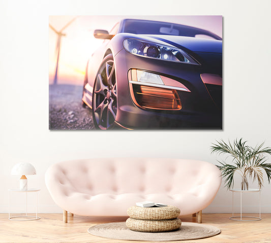 Sports Car and Wind Turbine Canvas Print ArtLexy 1 Panel 24"x16" inches 