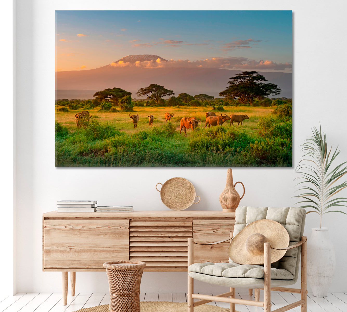 Buffalo in front of Mount Kilimanjaro Kenya Canvas Print ArtLexy 1 Panel 24"x16" inches 