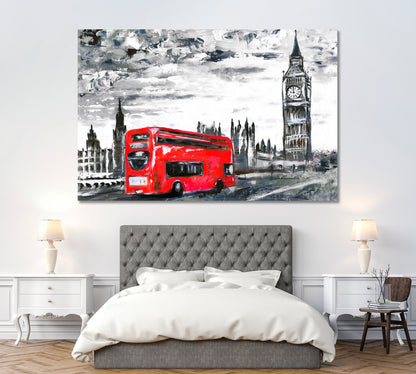 London with Red Bus and Big Ben Canvas Print ArtLexy 1 Panel 24"x16" inches 