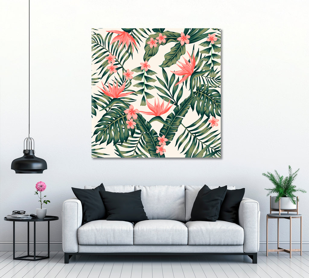 Tropical Palm Leaves and Bird of Paradise Flowers Canvas Print ArtLexy 1 Panel 12"x12" inches 