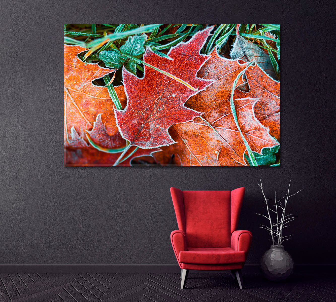 Beautiful Frosty Leaves Canvas Print ArtLexy 1 Panel 24"x16" inches 