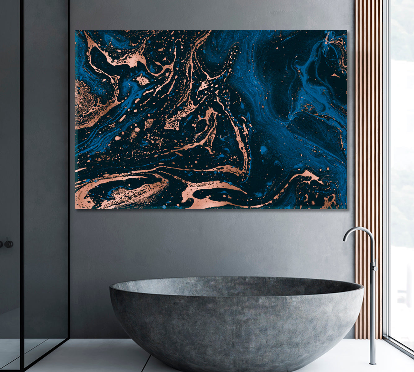 Abstract Blue and Bronze Liquid Marble Canvas Print ArtLexy 1 Panel 24"x16" inches 