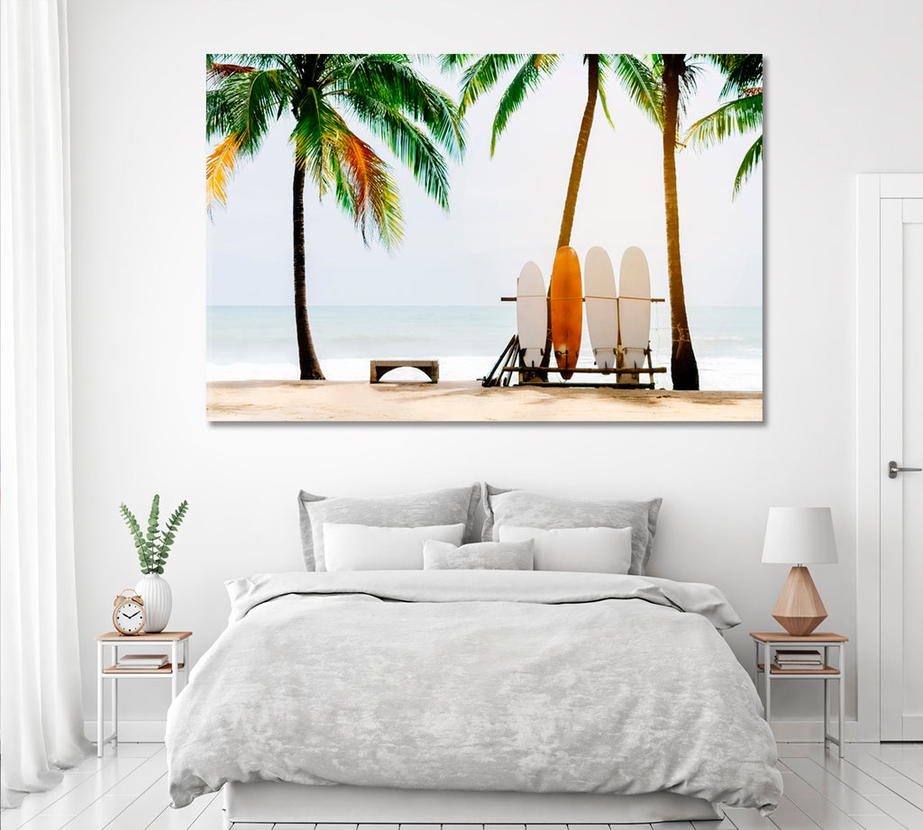 Beach with Palm Trees and Surfboards Canvas Print ArtLexy 1 Panel 24"x16" inches 
